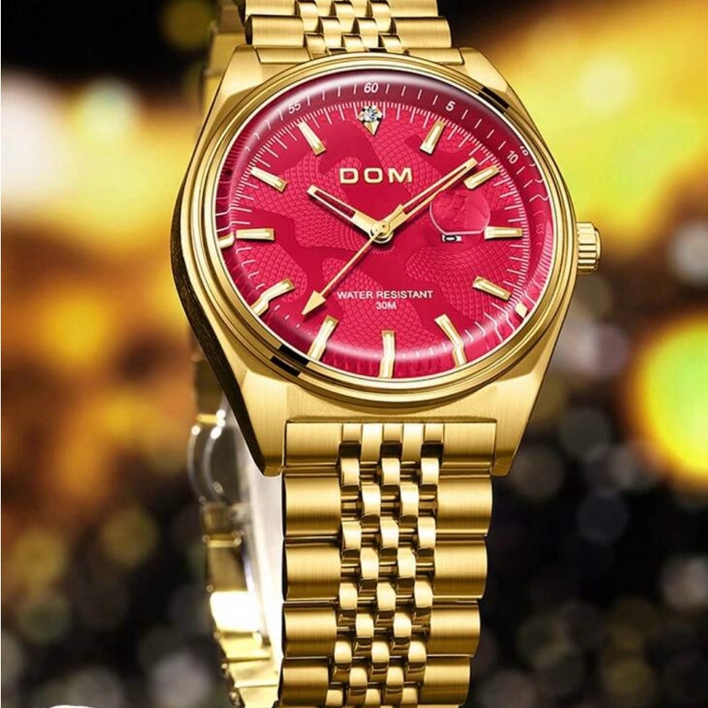 DOM Gold Watch with Red Dial